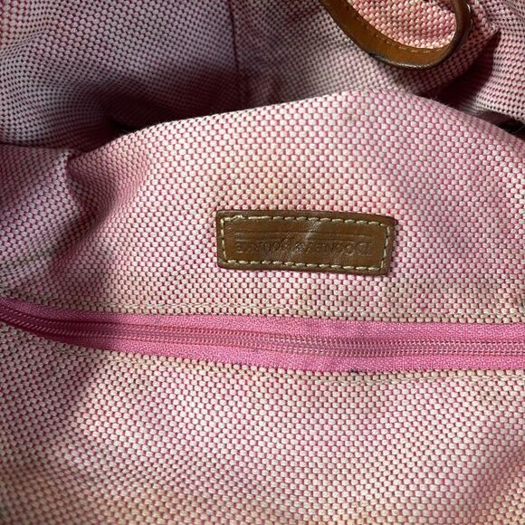Dooney & Bourke canvas logo khaki bucket shoulder bag with leather brown trims - Picture 12 of 16